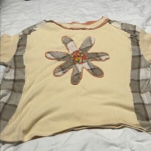 Women's Beige and Brown Floral Patch Tee